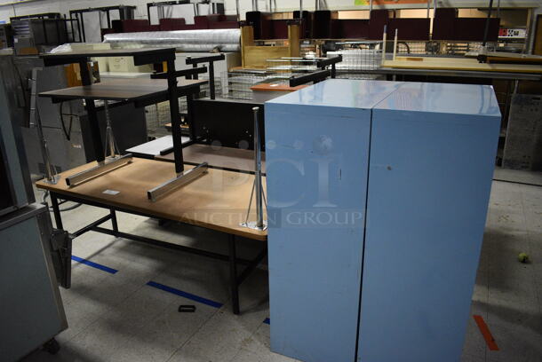 ALL ONE MONEY! Lot of Various Items Including 2 Blue Metal Cabinets, Cart, Shelves and Tables. BUYER MUST REMOVE. Includes 30x29.5x33. (Clearview Elementary - Gym) - Image 1 of 8
