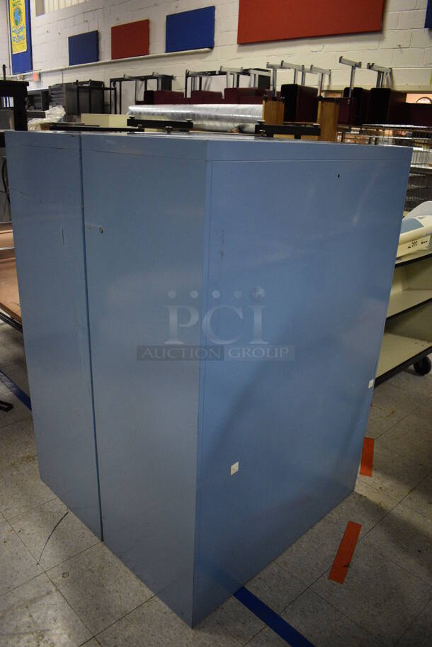 ALL ONE MONEY! Lot of Various Items Including 2 Blue Metal Cabinets, Cart, Shelves and Tables. BUYER MUST REMOVE. Includes 30x29.5x33. (Clearview Elementary - Gym) - Image 2 of 8