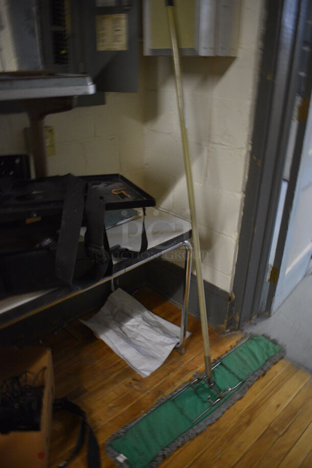 ALL ONE MONEY! Lot of Various Items Including Table, Mop, Mirror. Does Not Include Fire Extinguisher. BUYER MUST REMOVE. Includes 46x23x21. (Clearview Elementary - Stage) - Image 4 of 5
