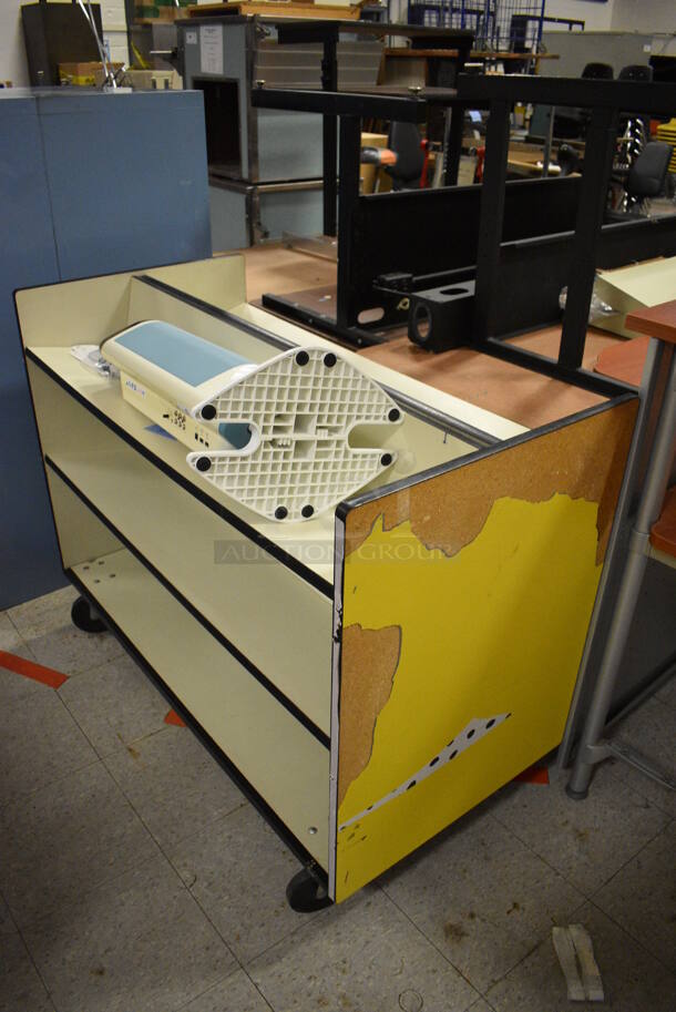 ALL ONE MONEY! Lot of Various Items Including 2 Blue Metal Cabinets, Cart, Shelves and Tables. BUYER MUST REMOVE. Includes 30x29.5x33. (Clearview Elementary - Gym) - Image 4 of 8