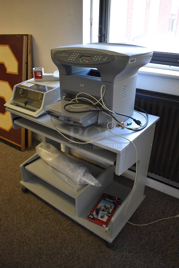 ALL ONE MONEY! Lot of Gray Table on Casters, and HP LaserJet 3300 Printer Copier Scanner. Does Not Come w/ Audiometer Shown In Pictures. BUYER MUST REMOVE. 36x20x29.5. (Clearview Elementary - Upstairs Hallway) - Image 2 of 6