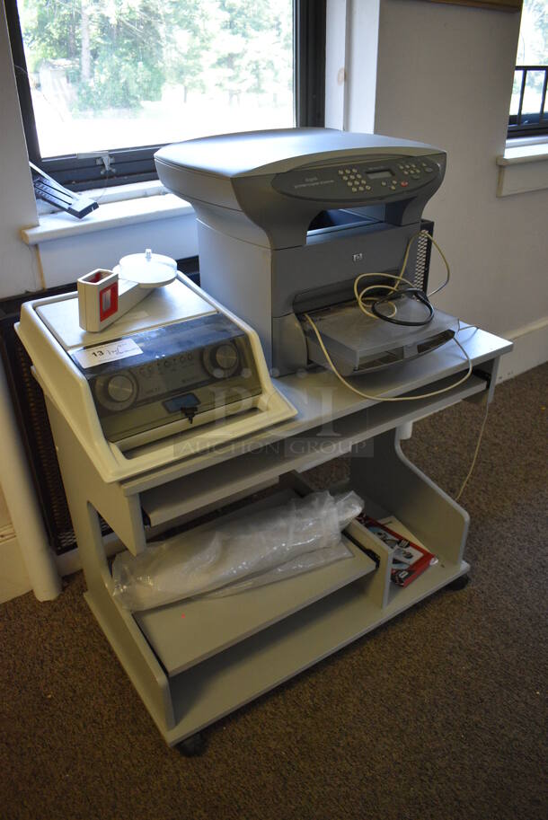 ALL ONE MONEY! Lot of Gray Table on Casters, and HP LaserJet 3300 Printer Copier Scanner. Does Not Come w/ Audiometer Shown In Pictures. BUYER MUST REMOVE. 36x20x29.5. (Clearview Elementary - Upstairs Hallway) - Image 3 of 6