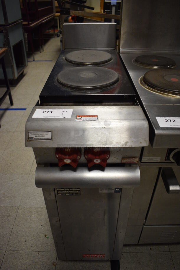 Vulcan Hart Model VEX3 Stainless Steel Commercial Floor Style Electric Powered 2 Burner Hot Plate Range. 480 Volts, 3 Phase. 12x38.5x42. (Clearview Elementary - Gym)