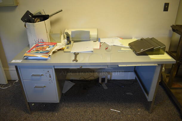 ALL ONE MONEY! Lot of Gray Metal Table w/ Contents Including Wrench, Printer and Stapler. BUYER MUST REMOVE. 66x31x29.5. (Clearview Elementary - Upstairs Hallway) - Image 1 of 7