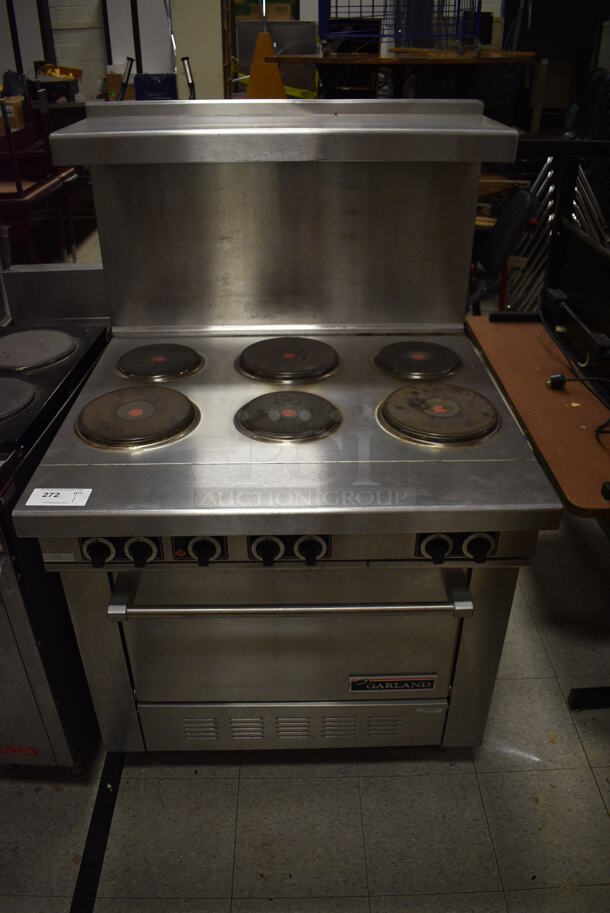 Garland Model SS686 Stainless Steel Commercial Electric Powered 6 Burner Hot Plate Range w/ Oven, Over Shelf and Back Splash. 240 Volts. 36x34.5x59. (Clearview Elementary - Gym)