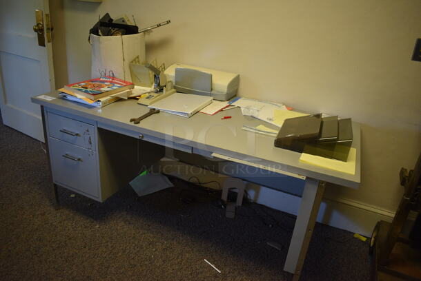 ALL ONE MONEY! Lot of Gray Metal Table w/ Contents Including Wrench, Printer and Stapler. BUYER MUST REMOVE. 66x31x29.5. (Clearview Elementary - Upstairs Hallway) - Image 2 of 7