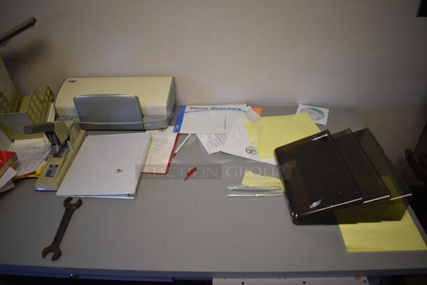 ALL ONE MONEY! Lot of Gray Metal Table w/ Contents Including Wrench, Printer and Stapler. BUYER MUST REMOVE. 66x31x29.5. (Clearview Elementary - Upstairs Hallway) - Image 3 of 7
