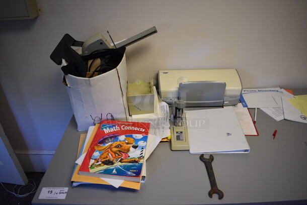 ALL ONE MONEY! Lot of Gray Metal Table w/ Contents Including Wrench, Printer and Stapler. BUYER MUST REMOVE. 66x31x29.5. (Clearview Elementary - Upstairs Hallway) - Image 4 of 7