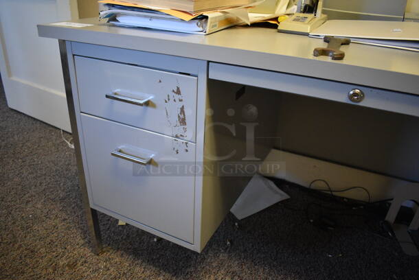ALL ONE MONEY! Lot of Gray Metal Table w/ Contents Including Wrench, Printer and Stapler. BUYER MUST REMOVE. 66x31x29.5. (Clearview Elementary - Upstairs Hallway) - Image 5 of 7