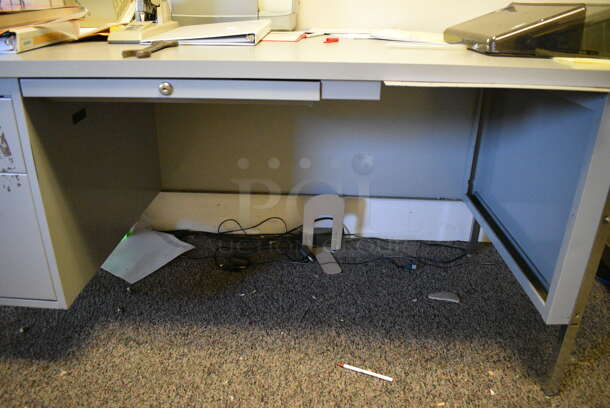 ALL ONE MONEY! Lot of Gray Metal Table w/ Contents Including Wrench, Printer and Stapler. BUYER MUST REMOVE. 66x31x29.5. (Clearview Elementary - Upstairs Hallway) - Image 7 of 7