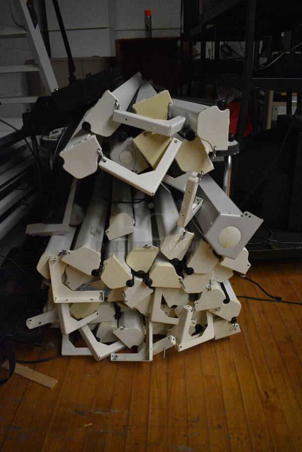 ALL ONE MONEY! Lot of Various Items Including 58 Projector Screens, Televisions, AV Carts. Does Not Include Fire Extinguisher. BUYER MUST REMOVE. Includes 32.5x22x71. (Clearview Elementary - Stage) - Image 3 of 6