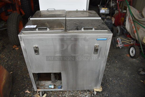 Shelleymatic Stainless Steel Commercial 2 Well Tray Return on Commercial Casters. BUYER MUST REMOVE. 32.5x28x37