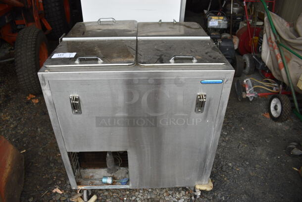 Shelleymatic Stainless Steel Commercial 2 Well Tray Return on Commercial Casters. BUYER MUST REMOVE. 32.5x28x37 - Image 1 of 9