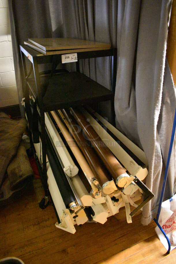 ALL ONE MONEY! Lot of Black Metal AV Cart w/ 34 Projector Screens / Maps. BUYER MUST REMOVE. Includes 32.5x22x48. (Clearview Elementary - Stage)