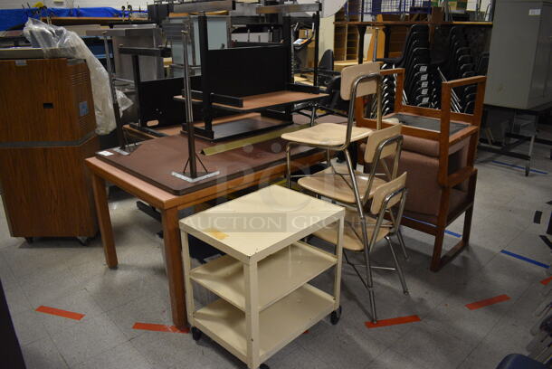 ALL ONE MONEY! Lot of Various Items Including Metal Cart, Chairs and Tables. BUYER MUST REMOVE. Includes 24x18x26. (Clearview Elementary - Gym) - Image 1 of 7