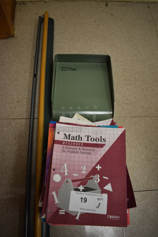 ALL ONE MONEY! Lot of Various Items Including Roll Down Map, Green Metal Tray and Various Books. BUYER MUST REMOVE. (Clearview Elementary - Room 11)