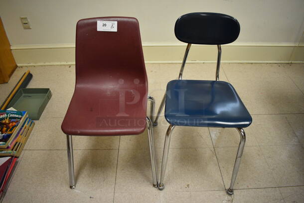 2 Various Chairs; Maroon and Blue. BUYER MUST REMOVE. 19x20x30, 16x19x31. 2 Times Your Bid! (Clearview Elementary - Room 11)