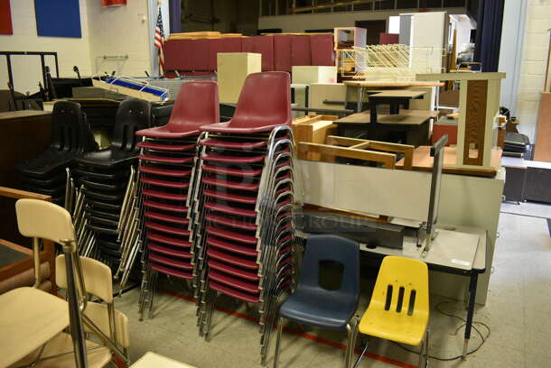 ALL ONE MONEY! Lot of Various Items Including Chairs, Desks, Tables, Filing Cabinets. Does Not Include Fitness Equipment. BUYER MUST REMOVE. Includes 72x24x26.5. (Clearview Elementary - Gym)