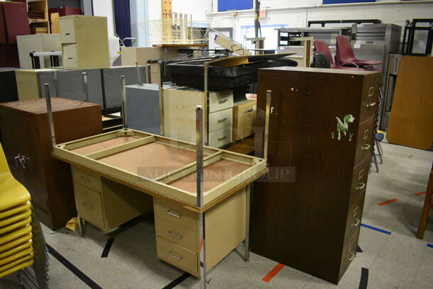 ALL ONE MONEY! Lot of Various Items Including Chairs, Desks, Tables, Filing Cabinets. Does Not Include Fitness Equipment. BUYER MUST REMOVE. Includes 72x24x26.5. (Clearview Elementary - Gym) - Image 5 of 10