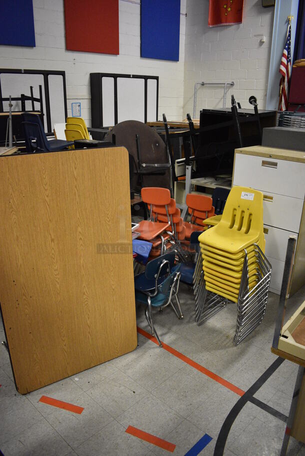 ALL ONE MONEY! Lot of Various Items Including Chairs, Desks, Tables, Filing Cabinets, Art Drying Racks. Does Not Include Fitness Equipment and Round Tables. BUYER MUST REMOVE. Includes 14x17.5x26.5. (Clearview Elementary - Gym)