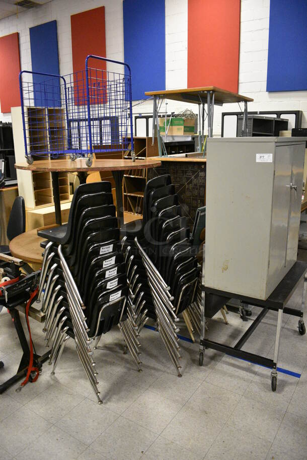 ALL ONE MONEY! Lot of Various Items Including Chairs, Tables, Cart, Cabinet and Desks. Does Not Include The Warmer and a Few Other Items Wrapped In Caution Tape. BUYER MUST REMOVE. Includes 36x18.5x42. (Clearview Elementary - Gym) - Image 1 of 8