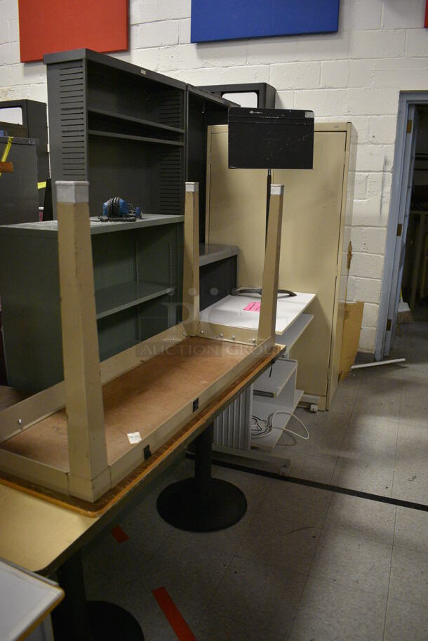 ALL ONE MONEY! Lot of Various Items Including Chairs, Tables, Cart, Cabinet and Desks. Does Not Include The Warmer and a Few Other Items Wrapped In Caution Tape. BUYER MUST REMOVE. Includes 36x18.5x42. (Clearview Elementary - Gym) - Image 2 of 8