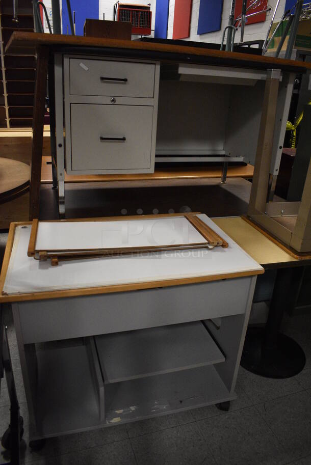 ALL ONE MONEY! Lot of Various Items Including Chairs, Tables, Cart, Cabinet and Desks. Does Not Include The Warmer and a Few Other Items Wrapped In Caution Tape. BUYER MUST REMOVE. Includes 36x18.5x42. (Clearview Elementary - Gym) - Image 3 of 8