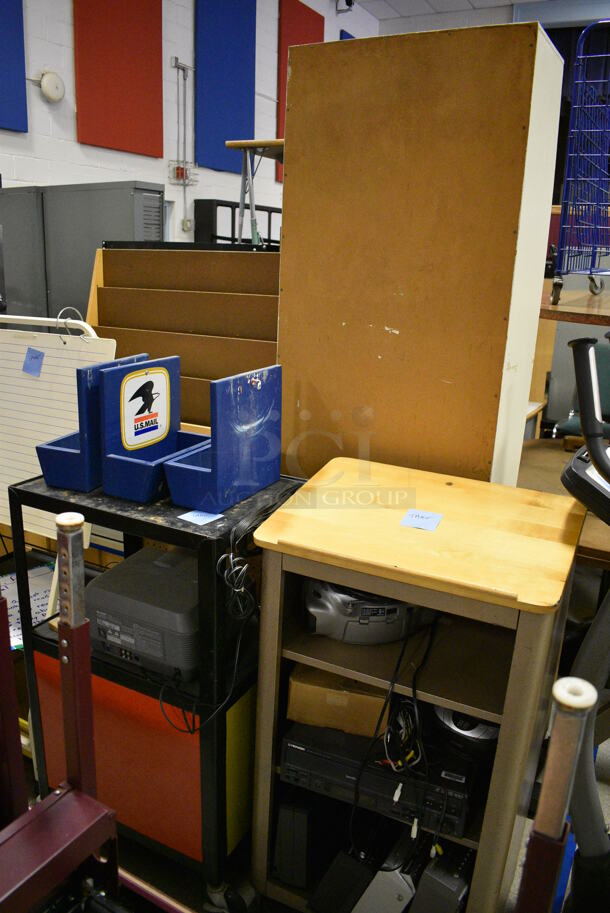 ALL ONE MONEY! Lot of Various Items Including Chairs, Tables, Cart, Cabinet and Desks. Does Not Include The Warmer and a Few Other Items Wrapped In Caution Tape. BUYER MUST REMOVE. Includes 36x18.5x42. (Clearview Elementary - Gym) - Image 6 of 8