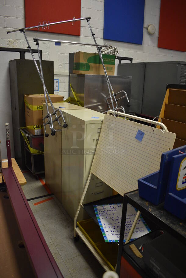 ALL ONE MONEY! Lot of Various Items Including Chairs, Tables, Cart, Cabinet and Desks. Does Not Include The Warmer and a Few Other Items Wrapped In Caution Tape. BUYER MUST REMOVE. Includes 36x18.5x42. (Clearview Elementary - Gym) - Image 7 of 8