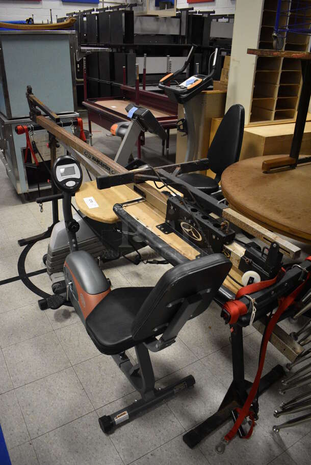4 Various Pieces of Work Out Equipment; Vasa Rowing Machine, Marcy Stationary Bicycle, NordicTrack AudioRider U300 Stationary Bicycle and Pro-Form XP90 Stationary Bicycle. BUYER MUST REMOVE. Includes 24x87x35. 4 Times Your Bid! (Clearview Elementary - Gym)