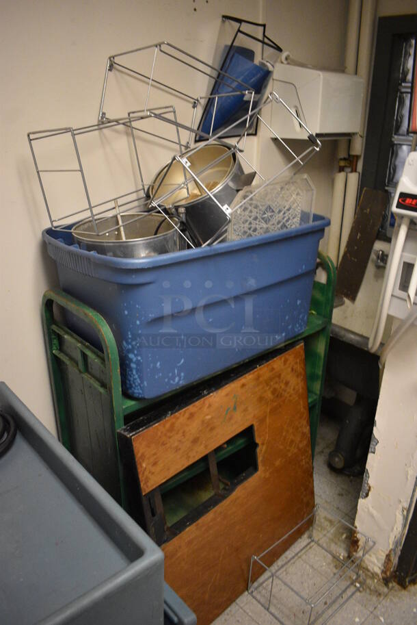 ALL ONE MONEY! Lot of Various Items Including Star Max 2 Burner Range, Metal Bins, Metal Racks, Blue Poly Cart and Green Metal Cart. BUYER MUST REMOVE. Includes 12x26x12. (Clearview Elementary - Kitchen) - Image 4 of 6