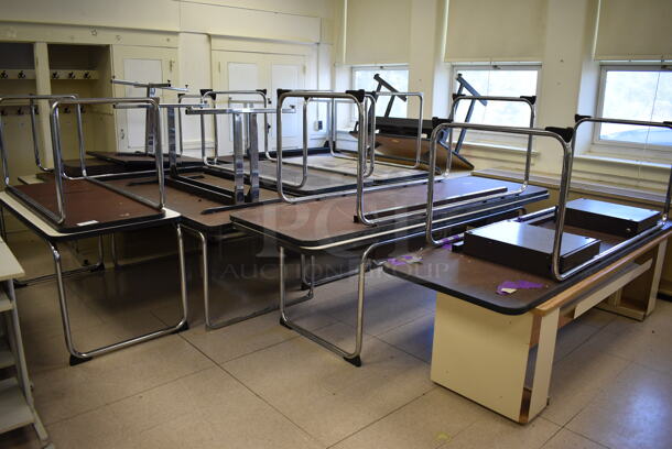 19 Various Tables / Desks. BUYER MUST REMOVE. Includes 60x24x27. 19 Times Your Bid! (Clearview Elementary - Room 12)
