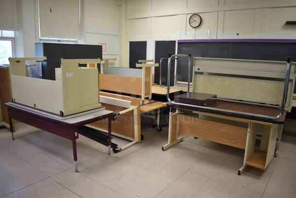 16 Various Tables / Desks. BUYER MUST REMOVE. Includes 72x30x26. 16 Times Your Bid! (Clearview Elementary - Room 12)