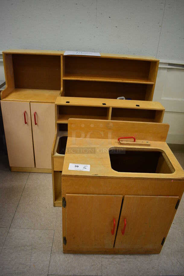 3 Various Wooden Kitchen Play Units for Children. BUYER MUST REMOVE. Includes 48x14x40. 3 Times Your Bid! (Clearview Elementary - Room 10)