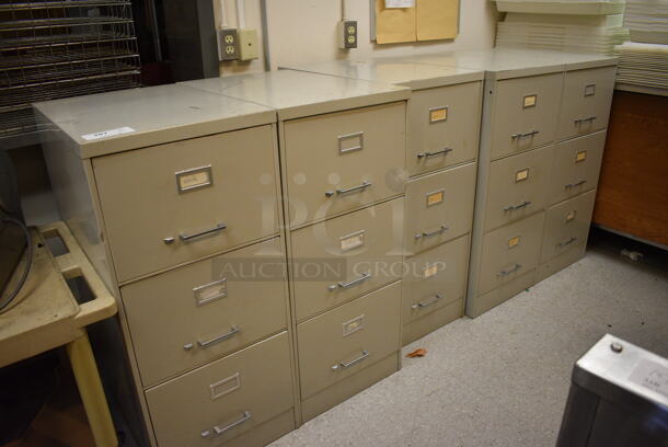 5 Tan Metal 3 Drawer Filing Cabinets. BUYER MUST REMOVE. 18x27x41. 5 Times Your Bid! (Clearview Elementary - Kitchen)