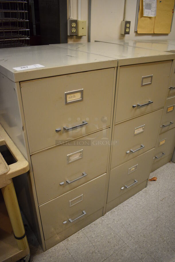5 Tan Metal 3 Drawer Filing Cabinets. BUYER MUST REMOVE. 18x27x41. 5 Times Your Bid! (Clearview Elementary - Kitchen) - Image 2 of 6