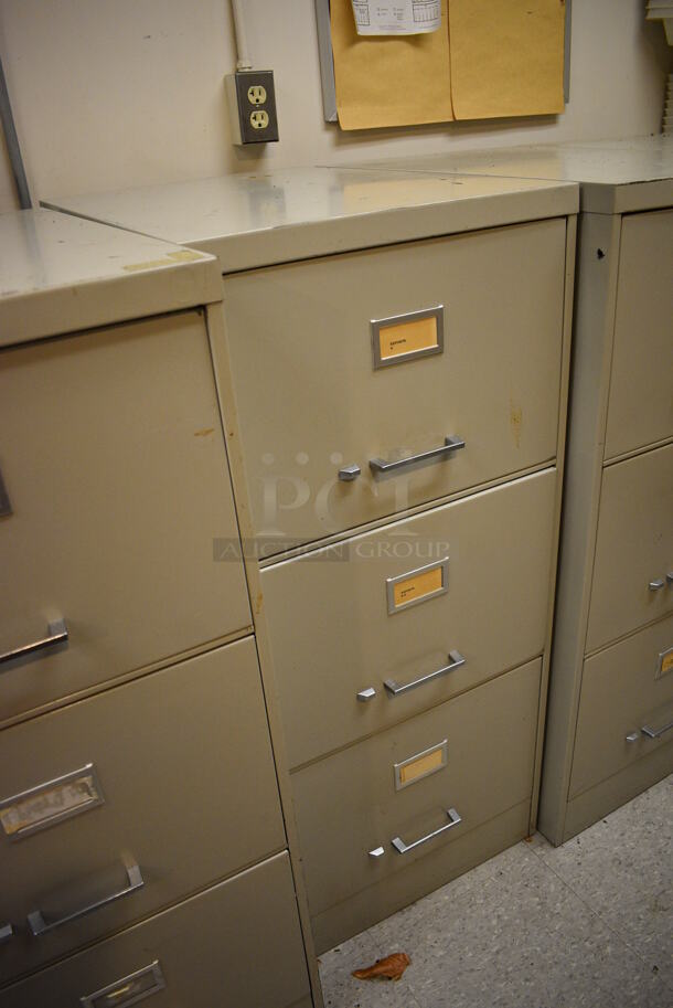 5 Tan Metal 3 Drawer Filing Cabinets. BUYER MUST REMOVE. 18x27x41. 5 Times Your Bid! (Clearview Elementary - Kitchen) - Image 3 of 6