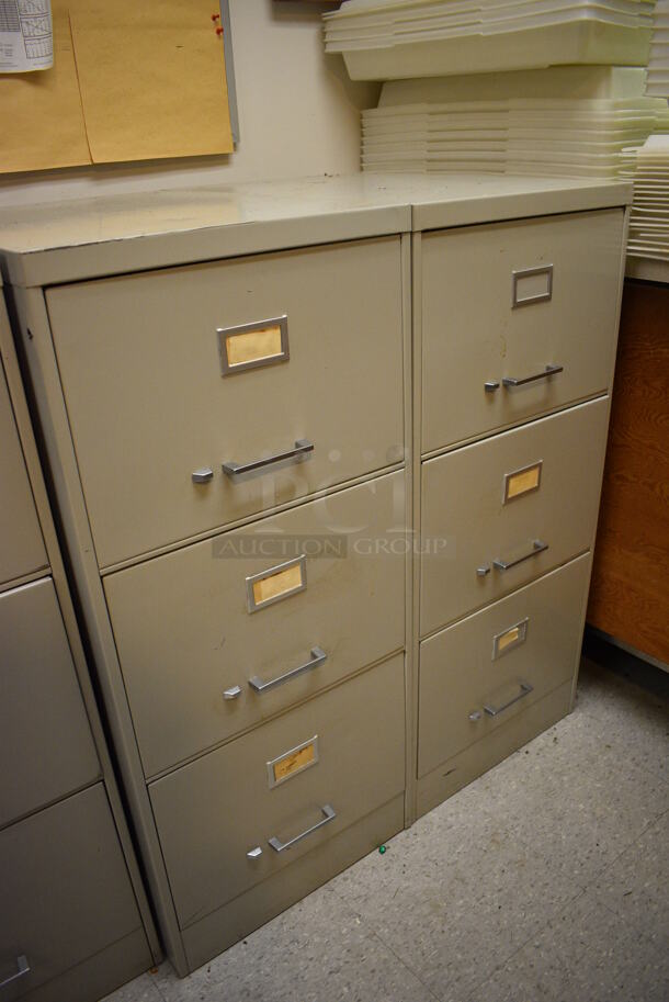 5 Tan Metal 3 Drawer Filing Cabinets. BUYER MUST REMOVE. 18x27x41. 5 Times Your Bid! (Clearview Elementary - Kitchen) - Image 4 of 6