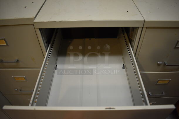 5 Tan Metal 3 Drawer Filing Cabinets. BUYER MUST REMOVE. 18x27x41. 5 Times Your Bid! (Clearview Elementary - Kitchen) - Image 6 of 6