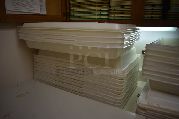 ALL ONE MONEY! Lot of Poly Trays in Cabinets and White Poly Bins and Lids on Countertop. BUYER MUST REMOVE. Includes 18x25x3. (Clearview Elementary - Kitchen) - Image 3 of 6