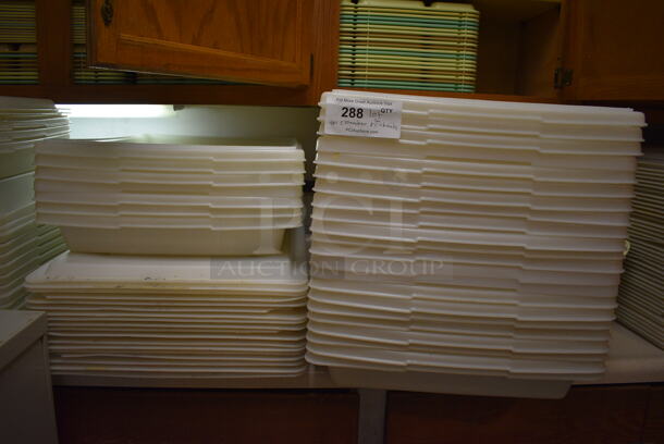 ALL ONE MONEY! Lot of Poly Trays in Cabinets and White Poly Bins and Lids on Countertop. BUYER MUST REMOVE. Includes 18x25x3. (Clearview Elementary - Kitchen) - Image 4 of 6