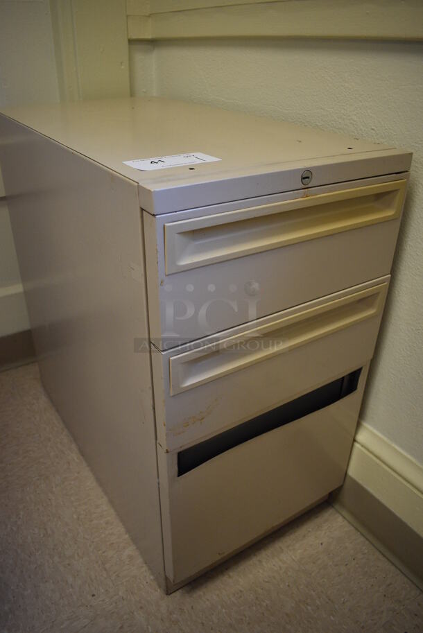 Tan Metal 3 Drawer Filing Cabinet. BUYER MUST REMOVE. 15x29x28. (Clearview Elementary - Room 10) - Image 2 of 5