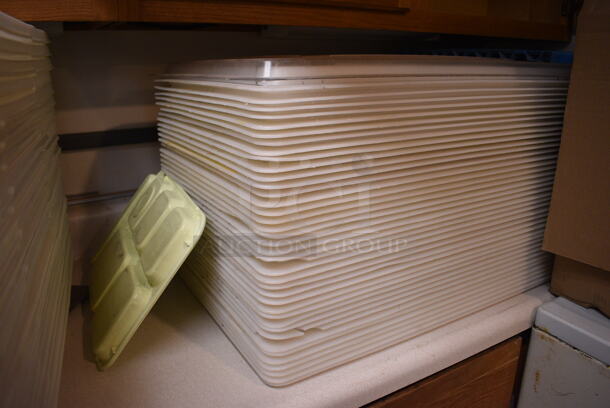 ALL ONE MONEY! Lot of Poly Trays in Cabinets and White Poly Bins and Lids on Countertop. BUYER MUST REMOVE. Includes 18x25x3. (Clearview Elementary - Kitchen) - Image 6 of 6