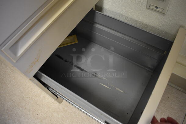 Tan Metal 3 Drawer Filing Cabinet. BUYER MUST REMOVE. 15x29x28. (Clearview Elementary - Room 10) - Image 5 of 5