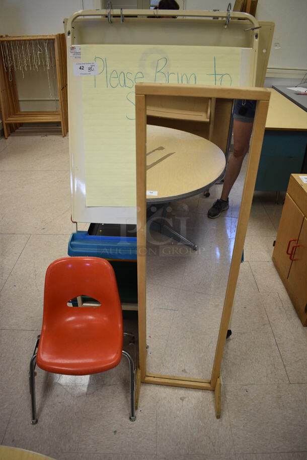 3 Various Items; Easel, Mirror and Chair. BUYER MUST REMOVE. Includes 30x30x57. 3 Times Your Bid! (Clearview Elementary - Room 10) - Image 1 of 5