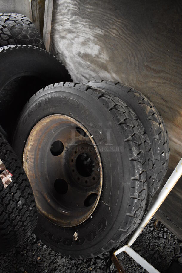 ALL ONE MONEY! Lot of 8 Various Tires Including Goodyear G633 RSD and Wrangler AT. BUYER MUST REMOVE. Includes 28x8x28. (stadium) - Image 3 of 11