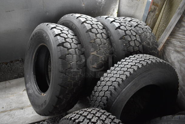 ALL ONE MONEY! Lot of 8 Various Tires Including Goodyear G633 RSD and Wrangler AT. BUYER MUST REMOVE. Includes 28x8x28. (stadium) - Image 4 of 11