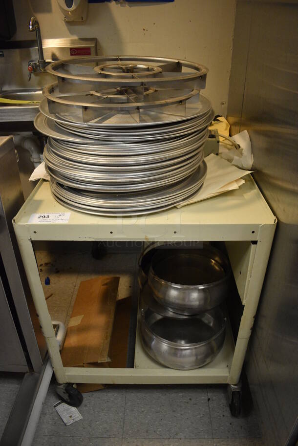 Tan Metal 2 Tier Cart on Commercial Casters w/ Metal Round Pizza Pans and Metal Bins. Includes 25.5x36x30.5. (Clearview Elementary - Kitchen)