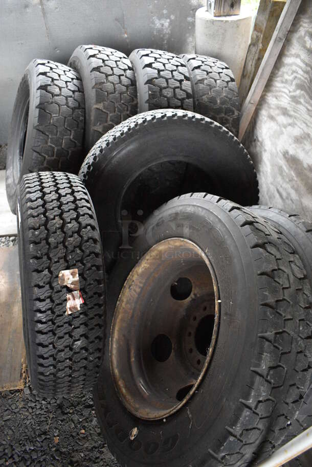 ALL ONE MONEY! Lot of 8 Various Tires Including Goodyear G633 RSD and Wrangler AT. BUYER MUST REMOVE. Includes 28x8x28. (stadium) - Image 11 of 11