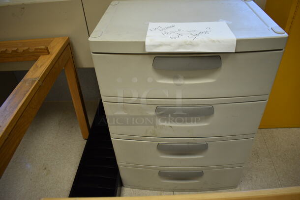 5 Various Items Including Poly 4 Drawer Cabinet, Black Metal Cabinet, Wooden Units and Desk Over Head Attachment. BUYER MUST REMOVE. Includes 29x45x29. 5 Times Your Bid! (Clearview Elementary - Room 10) - Image 3 of 4